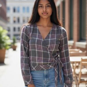 Anthropologie (Cloth & Stone) Plaid Wrap Blouse - Gray and Pink Size Small